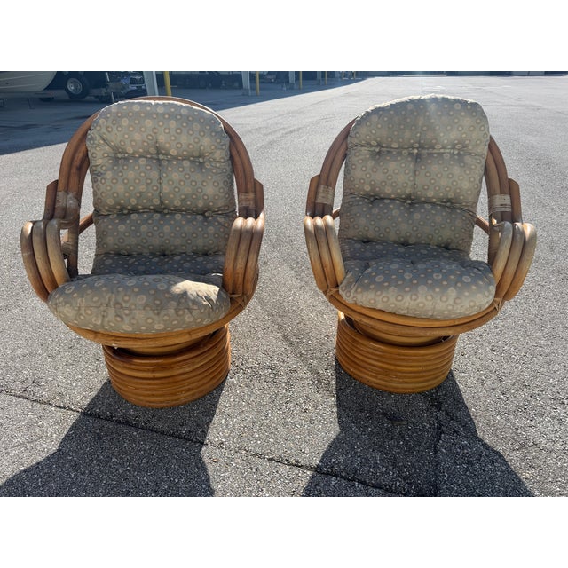 Mid-Century Modern Vintage Rattan Swivel Rocker Lounge Chairs and One Ottoman Set For Sale - Image 3 of 18