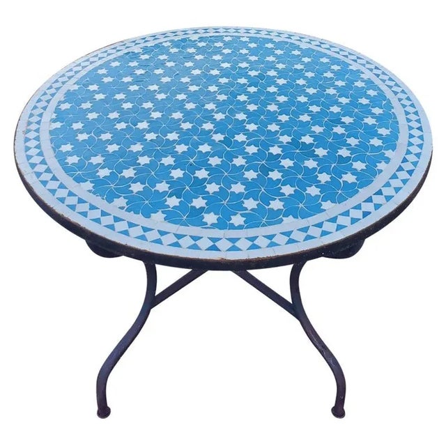 Metal 40" Moroccan Mosaic Turquoise and White Rafraf Table For Sale - Image 7 of 7