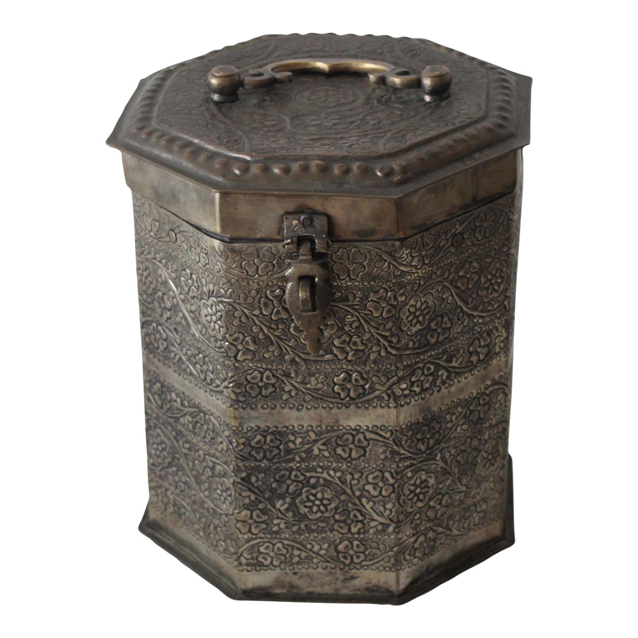 Vintage Large Indian Handcrafted Octogone Metal Decorative Container