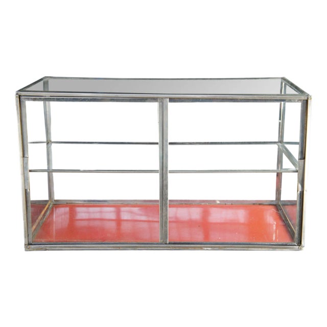 Vintage Chrome Glass Two Tier Curio Display Case Desktop Showcase Cabinet 26" For Sale