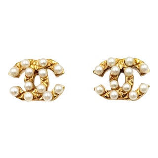 Chanel Vintage Gold Plated CC Plaid Bubble Pearl Piercing Earrings, A Pair For Sale