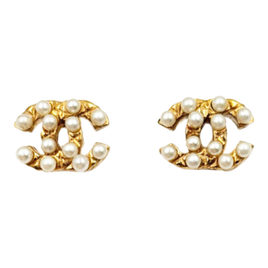 Chanel Vintage Gold Plated CC Plaid Bubble Pearl Piercing Earrings, A Pair