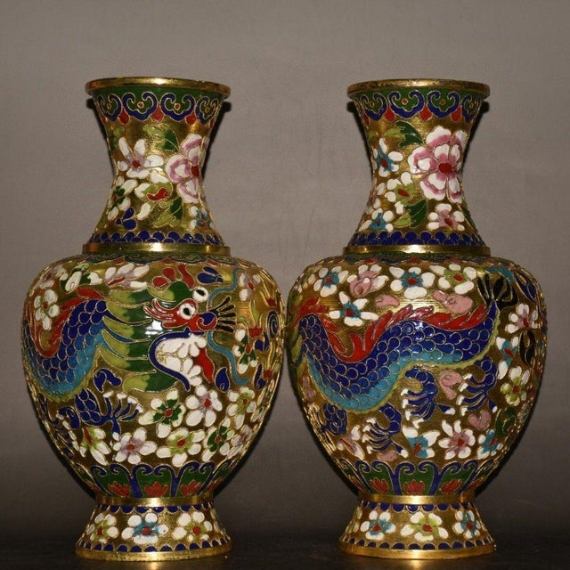 Pair of Vintage Chinese Cloisonné Dragon & Phoenix Vases With Gilded Ground For Sale - Image 9 of 9
