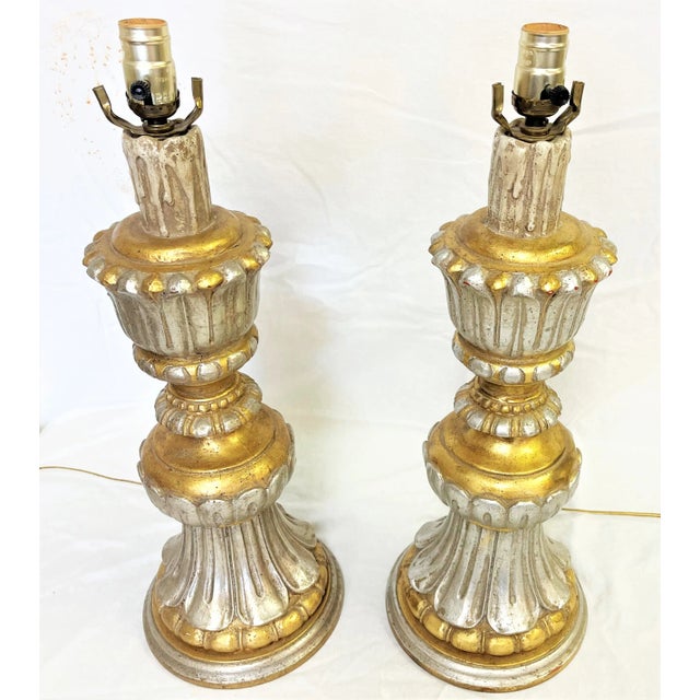 Vintage Italian Fluted Wood Silver and Gold Gilt Lamps- a Pair For Sale - Image 9 of 13