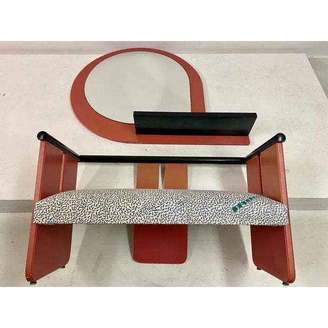 Bench and mirror Post modern Mirror with shelf 1980s Italy Seat height 34cm Mirror measures 91 x 115 x 19cm