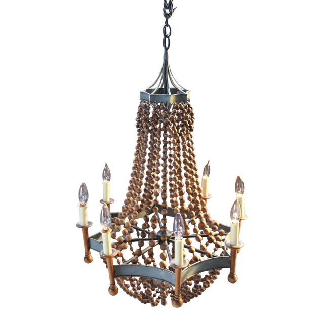 Vintage Wood Bead and Verde Brass Chandelier, 1940s For Sale