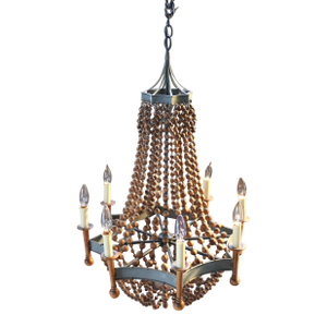 Vintage Wood Bead and Verde Brass Chandelier, 1940s