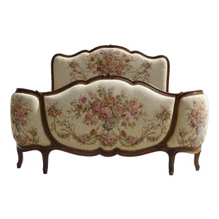 Sleigh Bed in Wood and Jacquard Fabric, 1950 For Sale