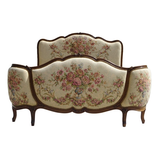 Sleigh Bed in Wood and Jacquard Fabric, 1950 For Sale