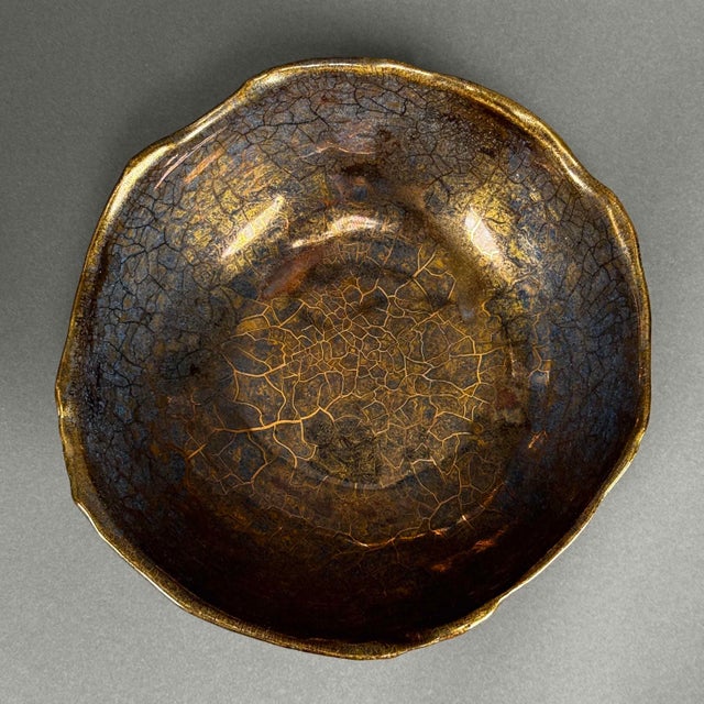 Vintage 1992 Waight Studio Art Pottery Bowl Gold Indigo Lava Glaze For Sale In New York - Image 6 of 12