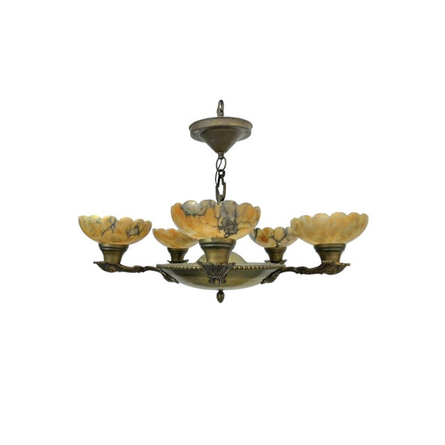 This elegant Art Deco chandelier features five beautifully shaped orange-brown alabaster bowls with scalloped edges. The...