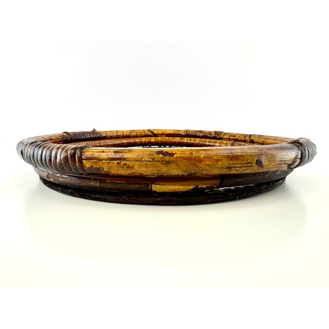 Wood Vintage Tortoiseshell Rattan & Wrought Iron Round Tray Stand For Sale - Image 7 of 12