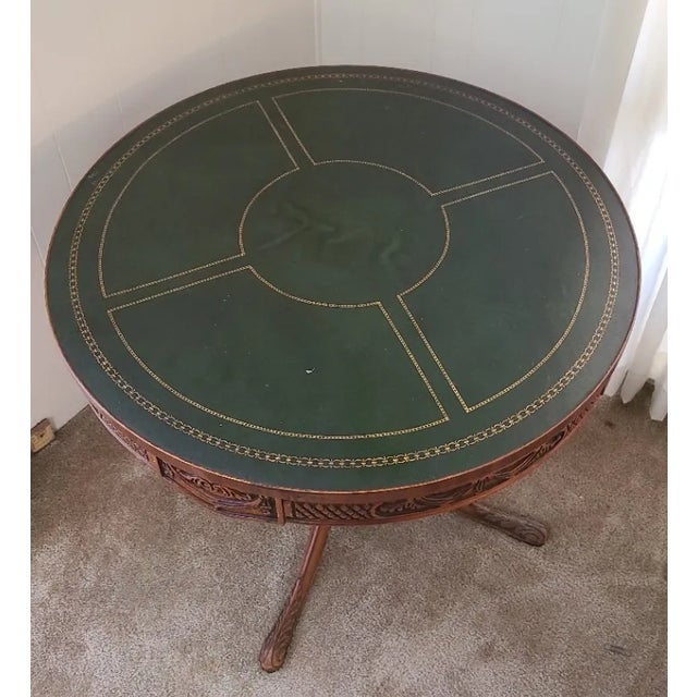 Wood Gorgeous Round Mahogany Table With Green Leather Top For Sale - Image 7 of 13