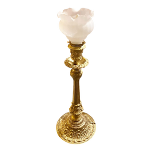 Vintage French Gilt Brass Candlestick Lamp With Frosted Etched Ruffled Shade
