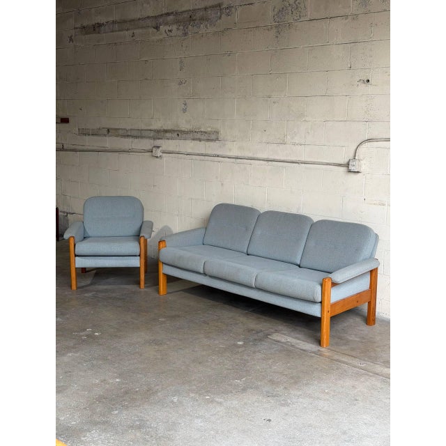 Wood Teak Blue Sofa Mid-Century Modern 3 Seater Couch Broad Living Room Seating 1970s For Sale - Image 7 of 10