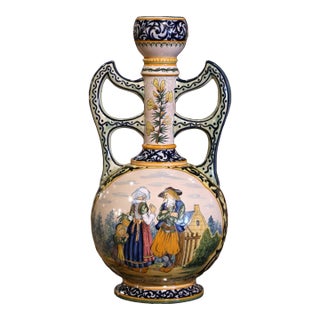 19th Century French Hand Painted Faience Vase Signed Henriot Quimper For Sale