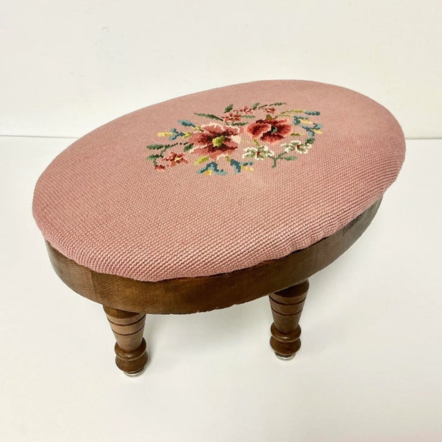 Mid-Century Boho Chic Folk Art Traditional Needlepoint Oval Footstool. For Sale - Image 12 of 14