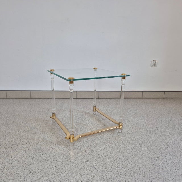 Hollywood Regency French Side Table in Acrylic, Brass and Glass, 1970s For Sale - Image 10 of 10
