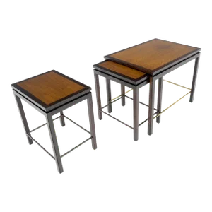 Dunbar 1970s Ebonised Walnut Brass Stretcher Nesting Side End Tables - Set of 3