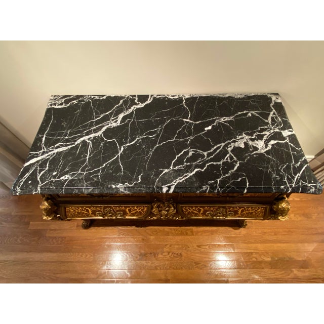 19th Century Antique Louis XV Style Tortoiseshell Boulle Marquetry Commode Console With Marble Top For Sale In Detroit - Image 6 of 11