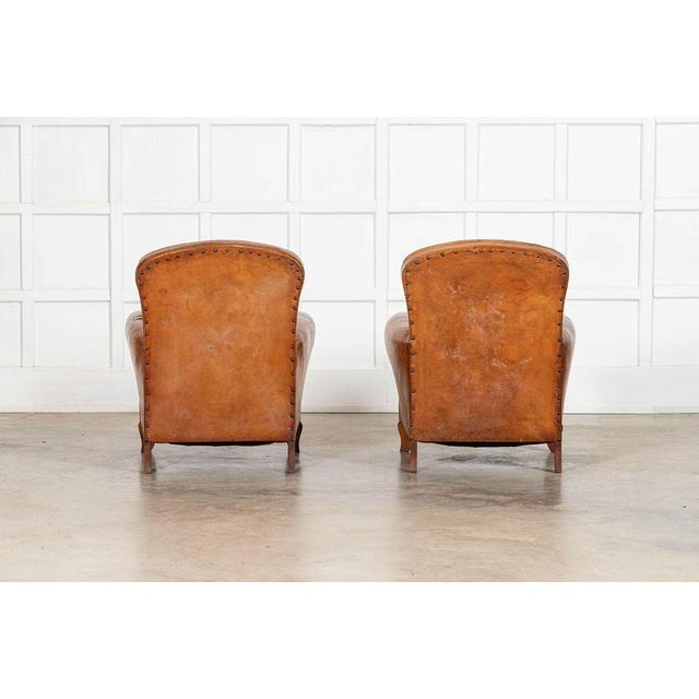 English Tan Leather Club Armchairs, 1920, Set of 2 For Sale - Image 6 of 17