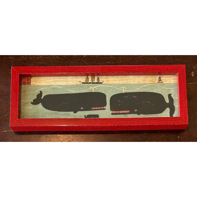 Charming and rustic Steve Camps giclee of his original painting of a family of whales off the coast of England. The two...