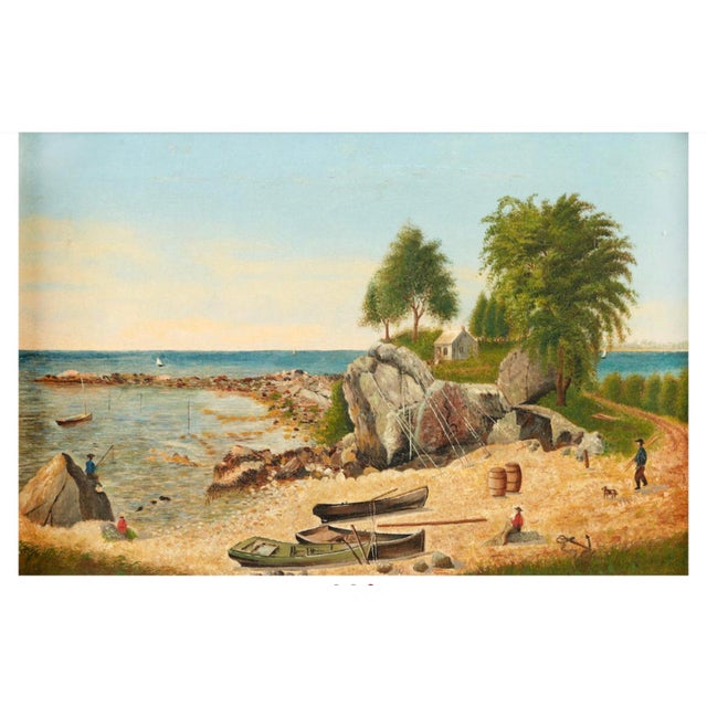Coastal seascape with many interesting details of the fishing industry. Well rendered and composed folk art painting...