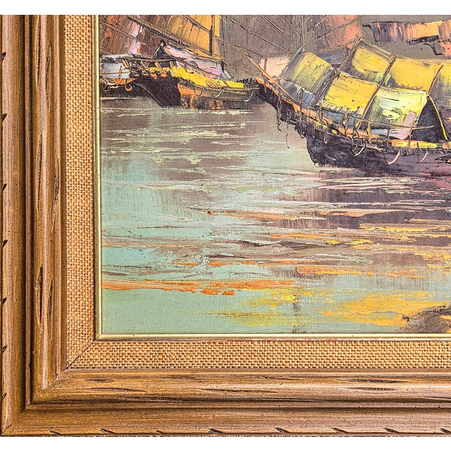 Mid 20th Century Oil Painting of Chinese Ships at Sunset For Sale - Image 5 of 8