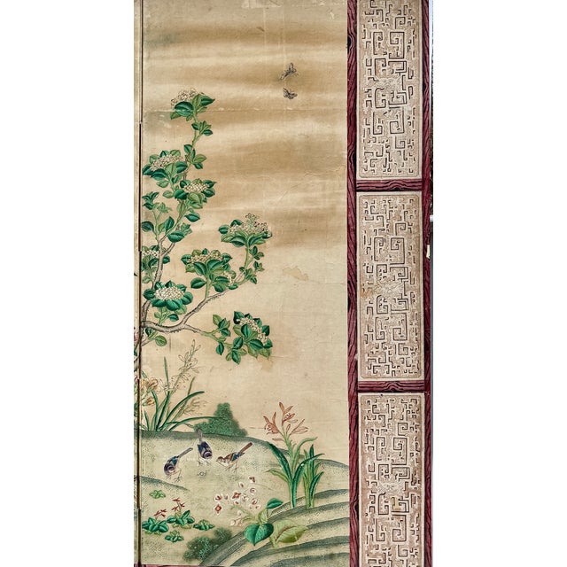 Tan Chinese Export Six Panel Screen Circa 1920s, Hand-Painted Chinoiserie Garden With Birds For Sale - Image 8 of 16