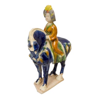 1980s Large Chinese Sancai Glazed Pottery Horse & Rider Sculpture Tang Style 17" For Sale