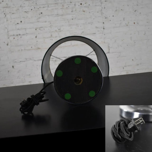 Art Deco Style Chrome and Black Horizontal Stripe Cylindrical Table Lamp Black Shade For Sale - Image 11 of 13