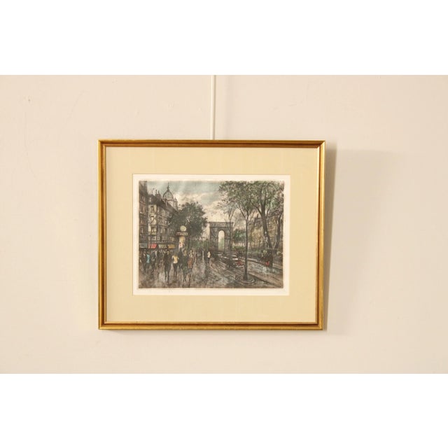 Vintage Mid 20th Century Impressionist Style Parisian Street Scene, Colored Etched, Signed on the Lower Right, Titled and...