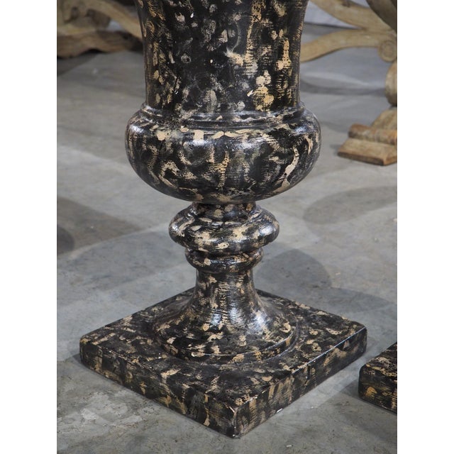Pair of Decorative Faux Portoro Marble Wooden Campana Vases From Italy For Sale - Image 15 of 18
