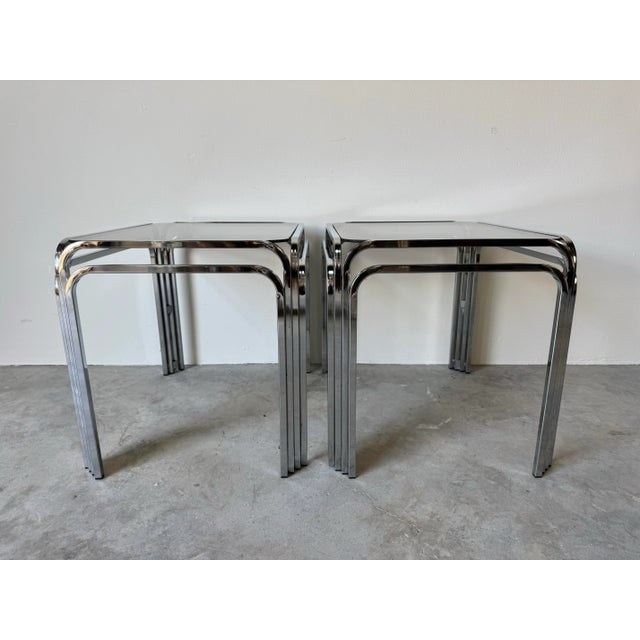 1970s Mid-Century Modern Chrome and Smoked Glass Side Tables – Set of 2/ Sold For Sale - Image 4 of 12