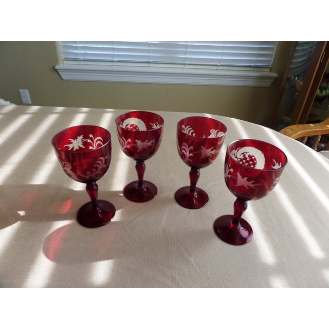 Bohemian Ruby Cut to Clear Wine With Etched Design on Glasses Set of 4 Chairish
