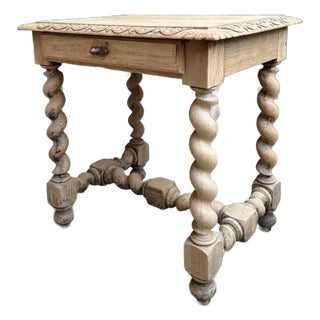 Antique French Side Table Barley Twist Bleached Carved Oak Nightstand Louis XIII For Sale