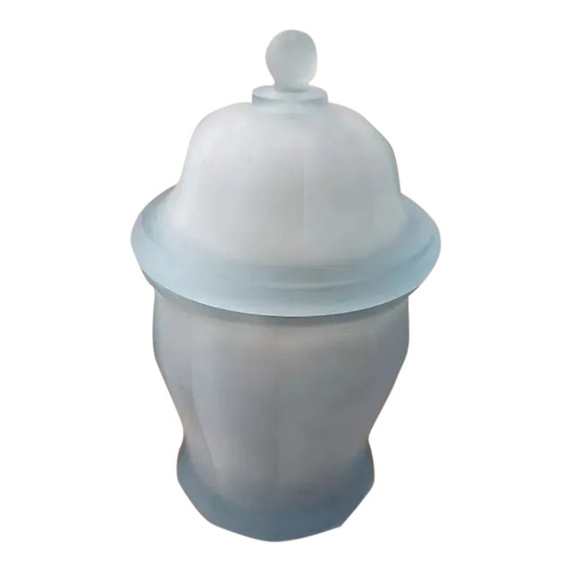 Vintage Indiana Glass Satin Frosted Baby Blue Glass Apothecary Lidded Ginger Jar For Sale