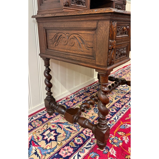 Antique French Petite Barley Twist Desk Carved Oak Renaissance Revival c.1890 For Sale - Image 17 of 18