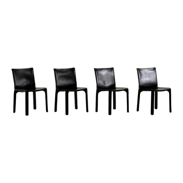 Black Leather Cab 412 Chairs attributed to Mario Bellini for Cassina, 1970s, Set of 4 For Sale