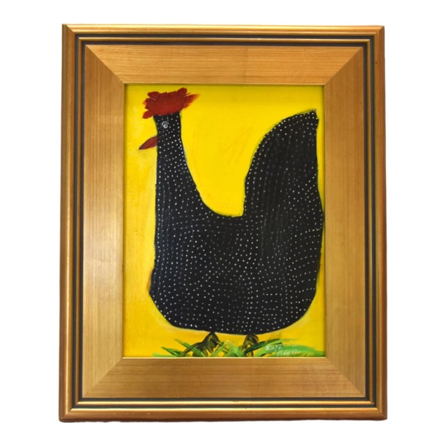 Folk Art Chicken Hen Painting by Ruth Arenz Iincluding the Aniqued Gold Wood Frame For Sale