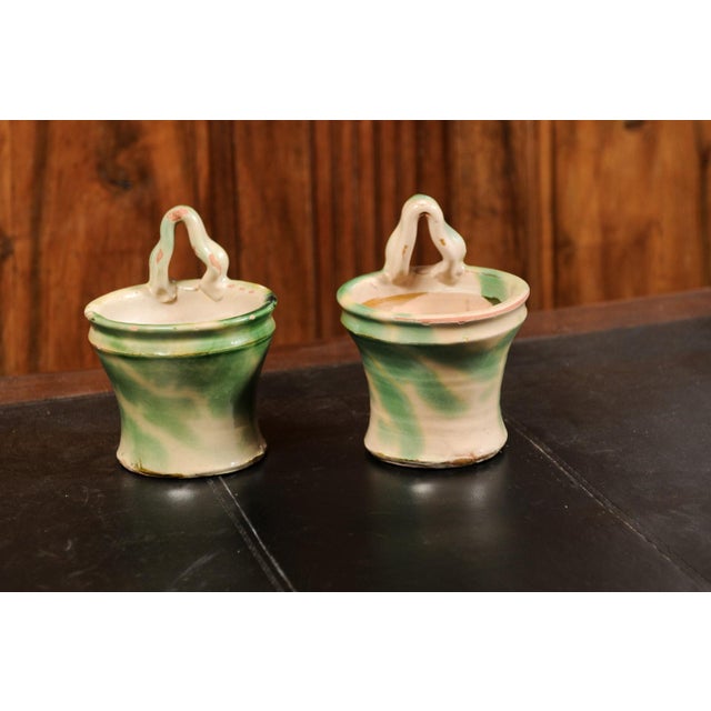 Mid 19th Century French 19th Century Green and Yellow Glazed Pottery Hanging Planters - A Pair For Sale - Image 5 of 13