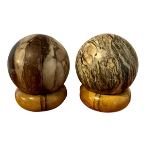 Antique 19th Century French Grand Tour Carved Hard Stone Marble Spheres on Faux Bamboo Wood Stands - a Pair