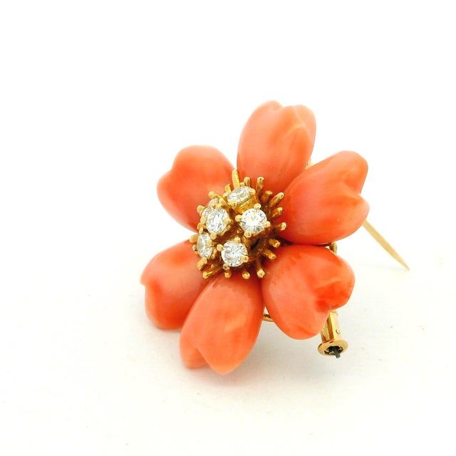1970s Italian Carved Coral & Diamond 18k Gold Flower Brooch Pendant, Circa 1970 For Sale - Image 5 of 13