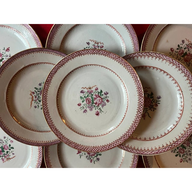 Antique 18th Century Chinese Export Porcelain Plates in Famille Rose Palette Decorated With Flowers - A Set of 10 For Sale - Image 4 of 12