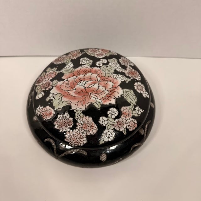 Black Vintage Black Ceramic Floral Trinket Box Peony Hand Painted Round Ginger Jar 7in For Sale - Image 8 of 9