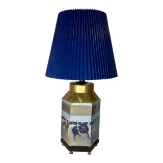 Vintage Chinoiserie Reverse Painted Hexagonal Tang Horse Table Lamp With Bespoke Navy Blue Shade For Sale