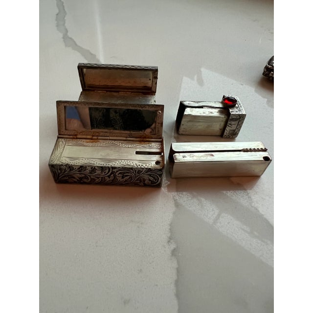 Large Collection of Antique Silver Makeup, Lipstick, Snuff and Pill Boxes With Perfume Bottles For Sale - Image 4 of 13