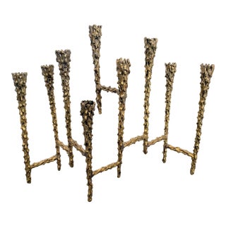 1960's Brutalist Textural Brass Menorah Candlelabra For Sale