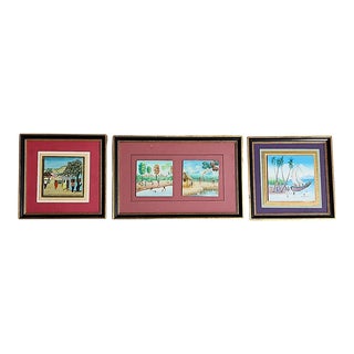 Trio Framed Oil on Canvas Caribbean Folk Art Scenic Studies For Sale