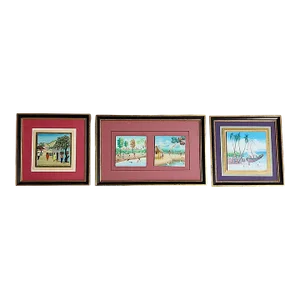 Trio Framed Oil on Canvas Caribbean Folk Art Scenic Studies